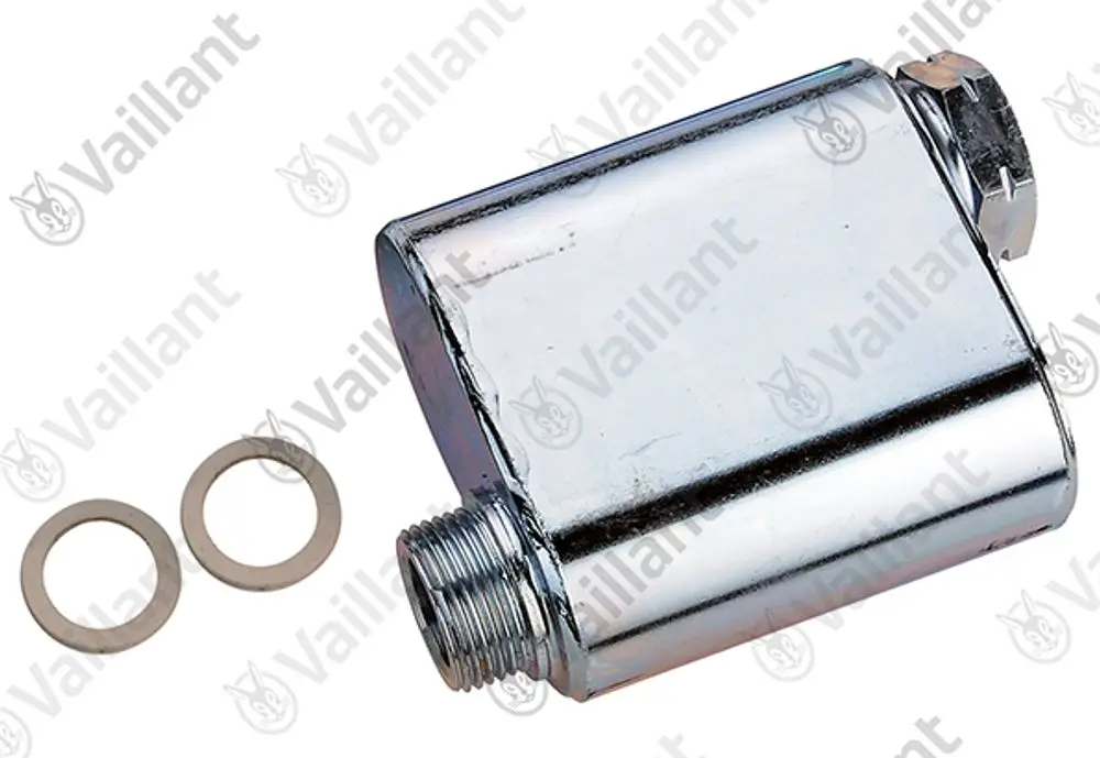 Vaillant Filter in zylindrischer Form mit Gewindeanschluss und zwei Dichtscheiben daneben, aus glänzendem Metall.